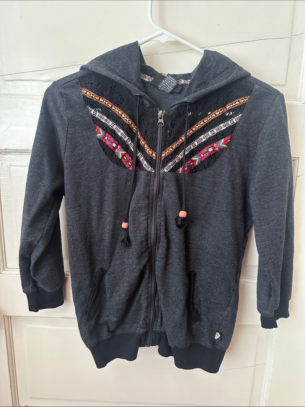 Charcoal Grey Zip Hoodie Colorful Aztec Embroidered Lace Woven Yoke 3/4 Sleeves